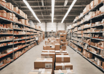A warehouse filled with boxes and pallets.