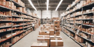 A warehouse filled with boxes and pallets.