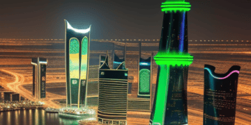 The economy of Qatar is impacted by oil cuts from Saudi Arabia, affecting contracts and lighting up the skyline at night.