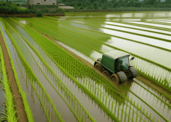 Tractor in flooded rice paddy field, ensuring steady food supply despite supply chain challenges. - Supply Chain News