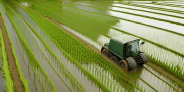Tractor in flooded rice paddy field, ensuring steady food supply despite supply chain challenges. - Supply Chain News
