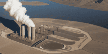 An aerial view of a power plant with smoke coming out, showcasing the climate impact of the fossil fuel industry.