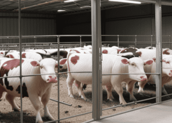 A herd of cows in a barn.