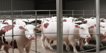 A herd of cows in a barn.