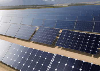 China's unprecedented growth in global solar capacity is evident in this awe-inspiring scene, where solar panels gracefully stretch across a vast field with majestic mountains serving as a stunning backdrop.