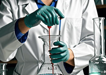 A woman in a lab coat conducting experiments in a research facility.