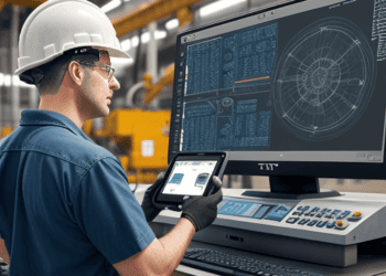 Factory worker using a tablet and computer to monitor manufacturing processes. American manufacturing technology. - Supply Chain News