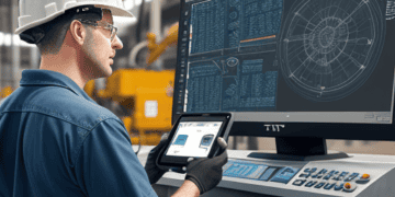 Factory worker using a tablet and computer to monitor manufacturing processes. American manufacturing technology. - Supply Chain News