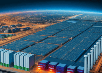 Futuristic distribution center with solar panels and wind turbines, showcasing innovative supply chain technology. - Supply Chain News