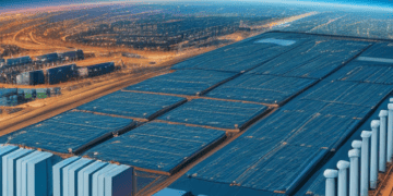 Futuristic distribution center with solar panels and wind turbines, showcasing innovative supply chain technology. - Supply Chain News