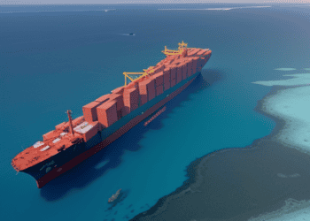 Container ship grounded near Red Sea coral reef, illustrating supply chain disruptions. - Supply Chain News