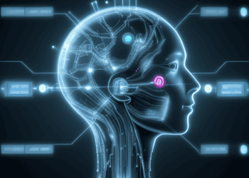 A futuristic image of a woman's head with a computer interface, representing the advancement of AI in Congressional offices.