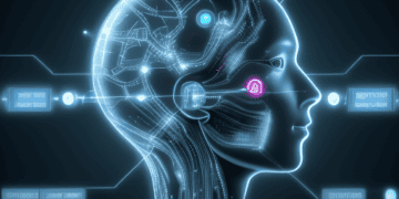 A futuristic image of a woman's head with a computer interface, representing the advancement of AI in Congressional offices.