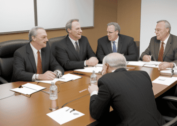 A group of men sitting at a table discussing economic changes.