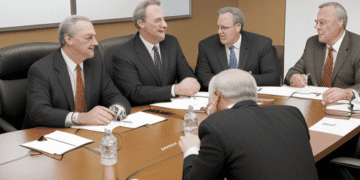 A group of men sitting at a table discussing economic changes.