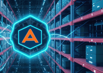 Generative AI-powered supply chain, visualized with a glowing 'A' in a futuristic warehouse. - Supply Chain News