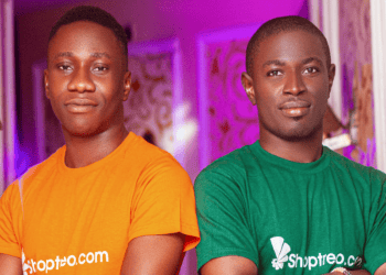 Two Shoptreo founders in orange and green t-shirts. Shoptreo.com logo visible. - Supply Chain News