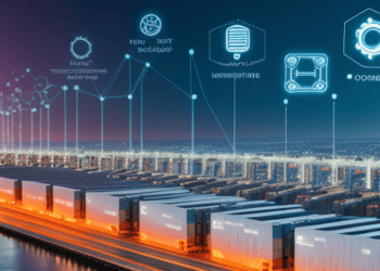 Smart supply chain technology: Container port with digital overlay showing data analytics and IoT sensors. - Supply Chain News