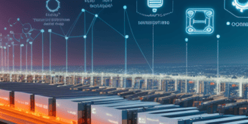 Smart supply chain technology: Container port with digital overlay showing data analytics and IoT sensors. - Supply Chain News