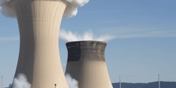 A nuclear power plant emitting smoke in Europe.