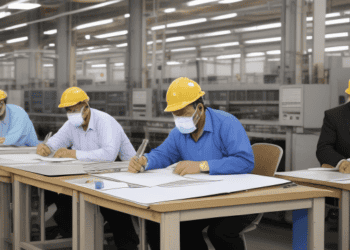 A group of workers in hard hats working in a factory undergoes an economic evaluation due to a workforce reduction.