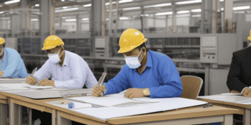 A group of workers in hard hats working in a factory undergoes an economic evaluation due to a workforce reduction.