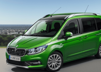 A fabricated green van is parked in front of a city.