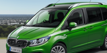 A fabricated green van is parked in front of a city.