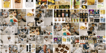 A vibrant collage of Neom City's culinary delights, showcasing a diverse array of delicious food and captivating items.