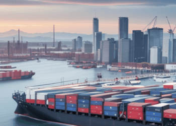 Container ship at port, city skyline in background. Supply chain finance and economic shifts. - Supply Chain News