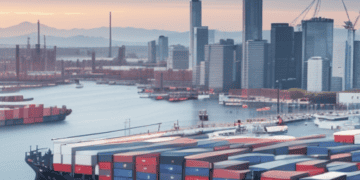Container ship at port, city skyline in background. Supply chain finance and economic shifts. - Supply Chain News