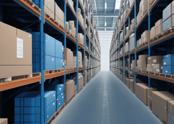Rows of stacked boxes in a large warehouse, illustrating supply chain management logistics. - Supply Chain News