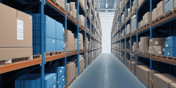 Rows of stacked boxes in a large warehouse, illustrating supply chain management logistics. - Supply Chain News