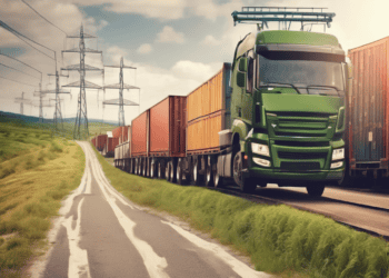 Green semi-truck leads a long freight train down a country road, showcasing sustainable supply chain logistics. - Supply Chain News