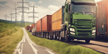 Green semi-truck leads a long freight train down a country road, showcasing sustainable supply chain logistics. - Supply Chain News