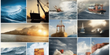 Collage of cargo ships navigating rough seas, illustrating global trade dynamics. - Supply Chain News