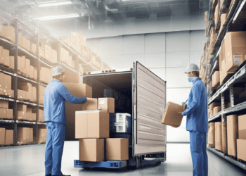 Two workers load cardboard boxes onto a delivery truck in a warehouse, showcasing efficient pharmaceutical logistics. - Supply Chain News