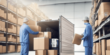 Two workers load cardboard boxes onto a delivery truck in a warehouse, showcasing efficient pharmaceutical logistics. - Supply Chain News