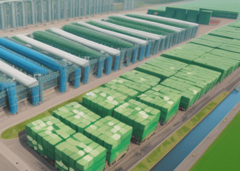 Aerial view of an eco-friendly supply chain, showcasing large blocks of compressed green biomass for sustainable energy. Global decarbonization efforts. - Supply Chain News