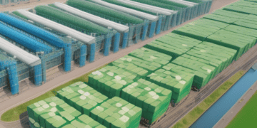 Aerial view of an eco-friendly supply chain, showcasing large blocks of compressed green biomass for sustainable energy. Global decarbonization efforts. - Supply Chain News