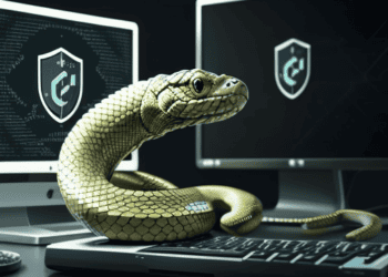 Golden snake coiled on laptop near computers displaying cybersecurity warnings. North Korea's cyberattack on PyPI. - Supply Chain News