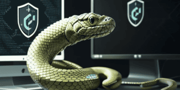 Golden snake coiled on laptop near computers displaying cybersecurity warnings. North Korea's cyberattack on PyPI. - Supply Chain News