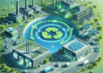 Isometric illustration of a circular supply chain, showcasing factories, renewable energy, recycling, and automated transport. Key focus areas include resource recovery and sustainable manufacturing. - Supply Chain News