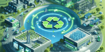 Isometric illustration of a circular supply chain, showcasing factories, renewable energy, recycling, and automated transport. Key focus areas include resource recovery and sustainable manufacturing. - Supply Chain News