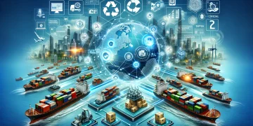 Global supply chain network visualized with cargo ships, digital interfaces, and a connected world map. Technological innovations in consumer electronics logistics. - Supply Chain News