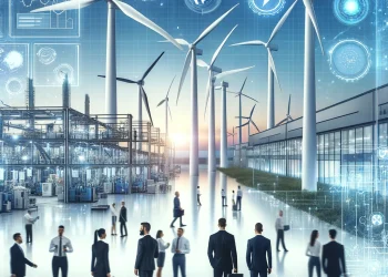 Businesspeople networking near wind turbines and a factory, showcasing Vestas' unified technology and operations. - Supply Chain News