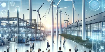 Businesspeople networking near wind turbines and a factory, showcasing Vestas' unified technology and operations. - Supply Chain News