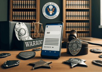Smartphone displaying a text message on a wooden desk with police badges and a judge's gavel; Michigan arrest warrant scam. - Supply Chain News