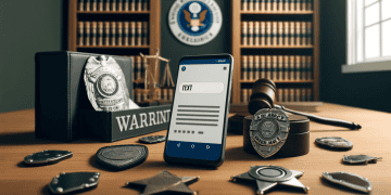 Smartphone displaying a text message on a wooden desk with police badges and a judge's gavel; Michigan arrest warrant scam. - Supply Chain News