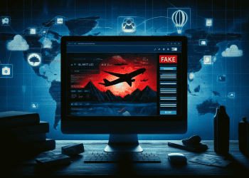 Computer screen shows fake airline social media warning. "FAKE" label highlights the danger of fraudulent accounts. - Supply Chain News